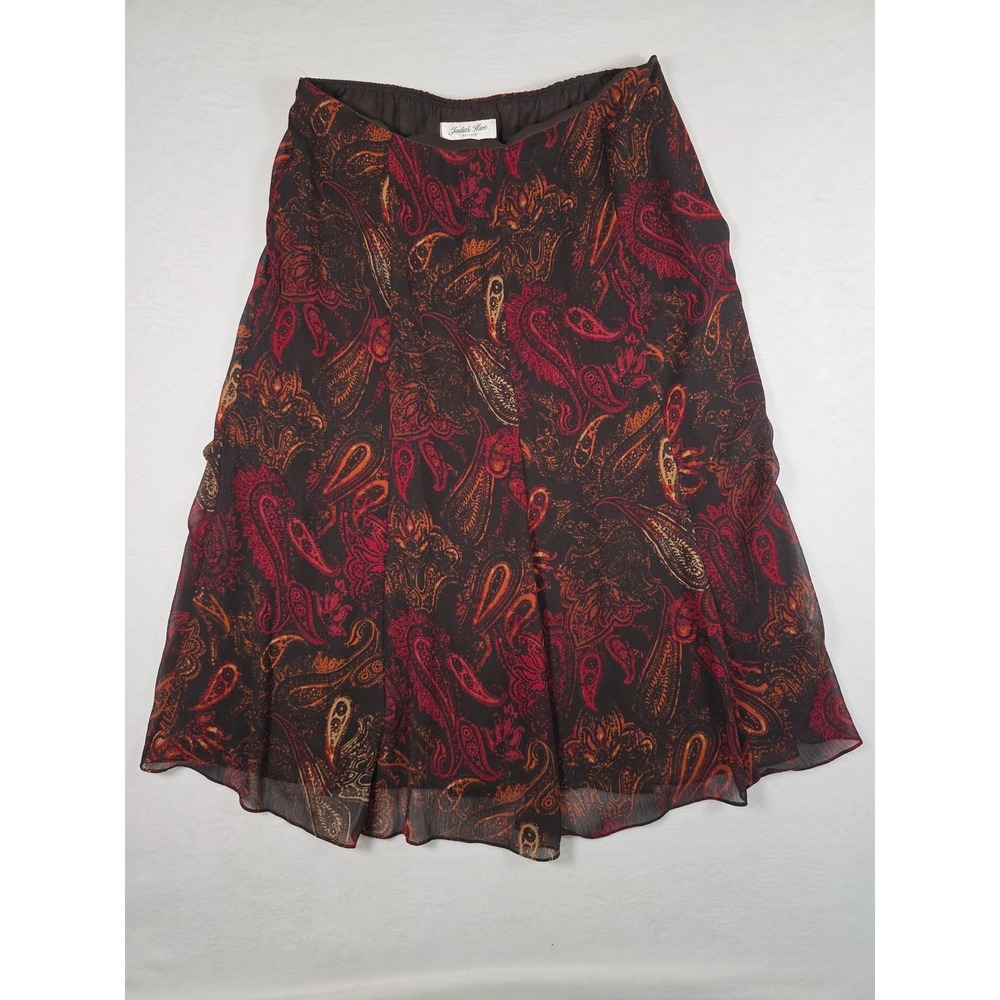 Vintage Paisley Midi Skirt Chiffon A-Line Red Brown 14P Boho Chic Y2K Whimsigoth